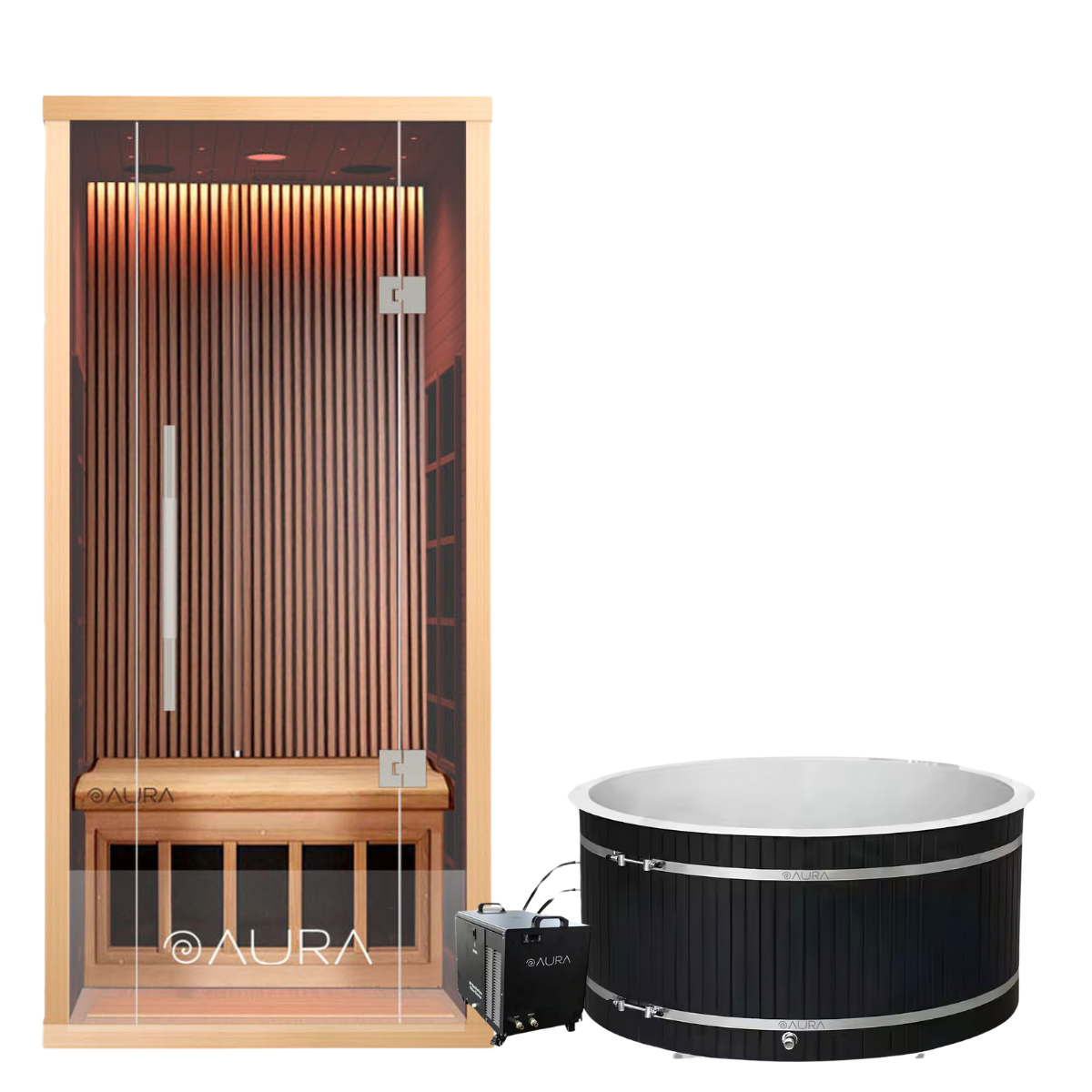 Aura 1-Person Infrared Sauna Bundle with Premium Features, including Red Light Therapy and a Cold Plunge Tub for relaxation, muscle recovery, and wellness.