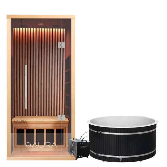 Aura 1-Person Infrared Sauna Bundle with Premium Features, including Red Light Therapy and a Cold Plunge Tub for relaxation, muscle recovery, and wellness.