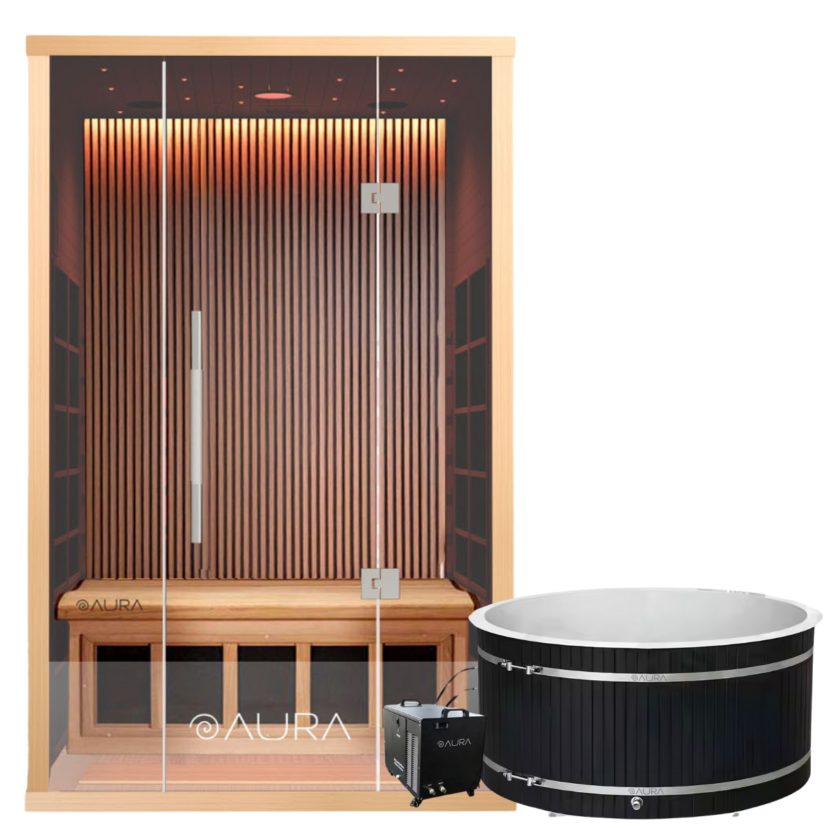 Aura 2-Person Infrared Sauna Bundle with premium features, infrared heat, and a cold plunge tub for relaxation and recovery.