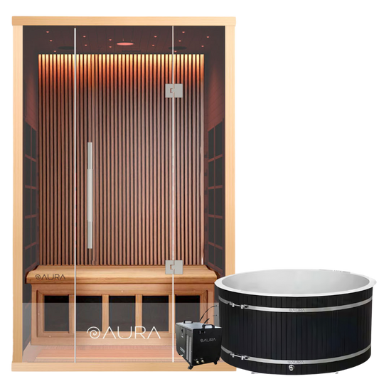 Aura 2-Person Infrared Sauna Bundle with premium features, infrared heat, and a cold plunge tub for relaxation and recovery.