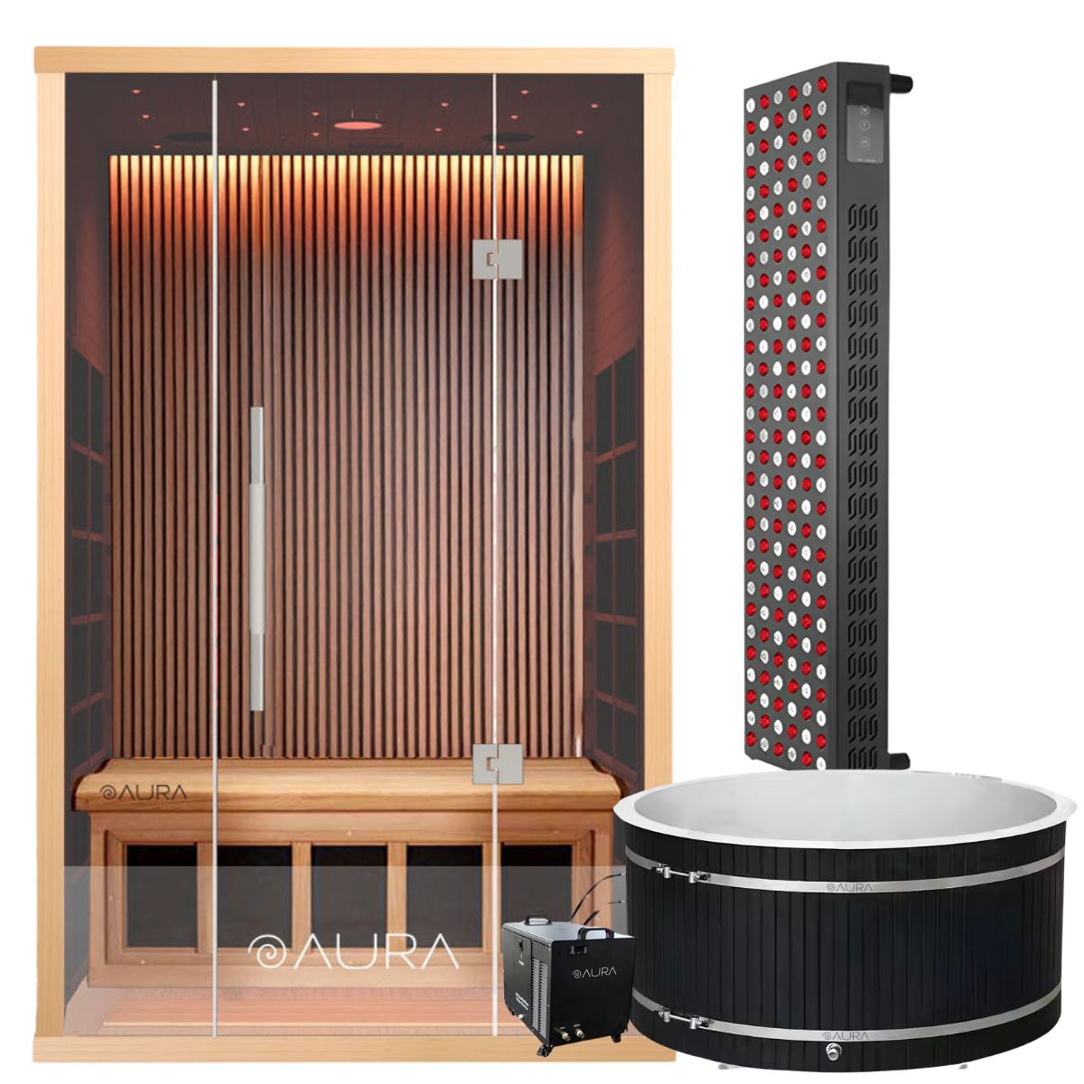 Aura 2-Person Infrared Sauna Bundle with Red Light Therapy and Cold Plunge Tub for recovery, muscle relief, and skin health