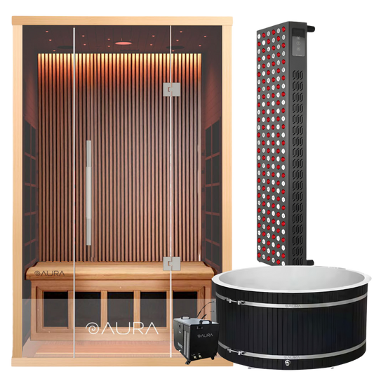 Aura 2-Person Infrared Sauna Bundle with Red Light Therapy and Cold Plunge Tub for recovery, muscle relief, and skin health