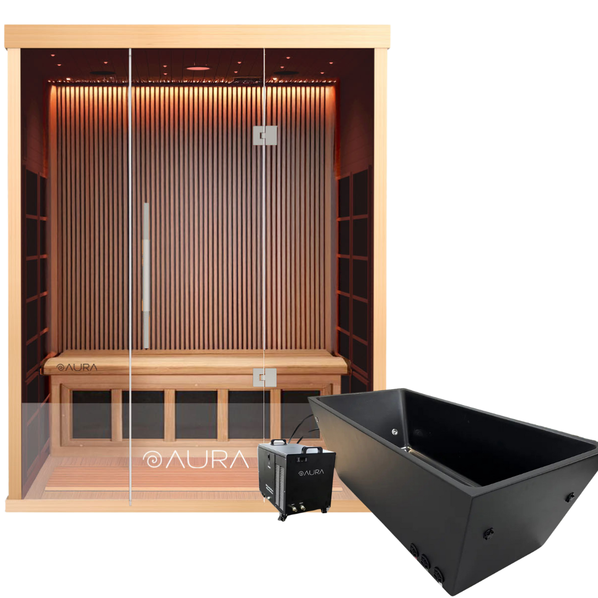 Aura 3-Person Infrared Sauna Bundle with premium features, including a cold plunge tub for contrast therapy, recovery, and inflammation reduction