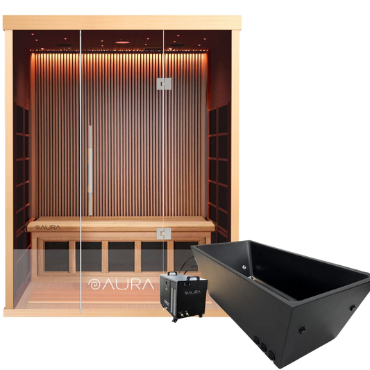 Aura 3-Person Infrared Sauna Bundle with premium features, including a cold plunge tub for contrast therapy, recovery, and inflammation reduction