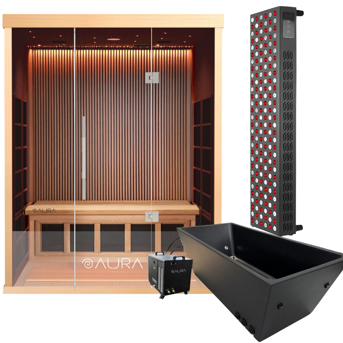 Aura 3-Person Infrared Sauna Bundle with Red Light Therapy for detoxification, stress relief, and skin rejuvenation